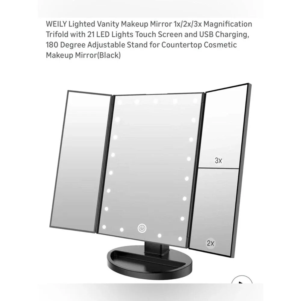 Make Up Mirror LED Magnifying USB Battery Weily Lighted Tri-Fold Adjustable Blk
